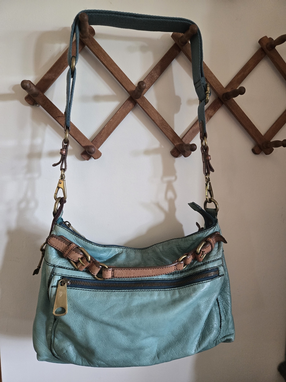 Fossil Teal Leather Crossbody Bag with Brown Trim